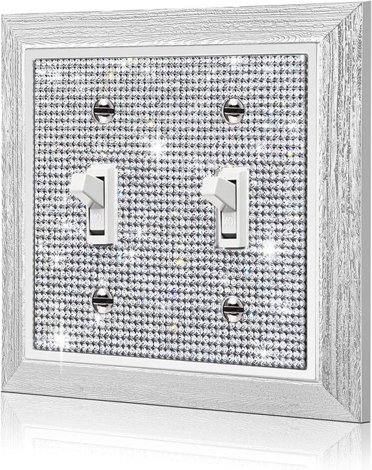 1 Pcs Double Gang Toggle Switch Wall Plate with Shiny Rhinestones and Imitation Wood Grain Design - Decorative Outlet Cover Plate for Light Switches by Gaocai