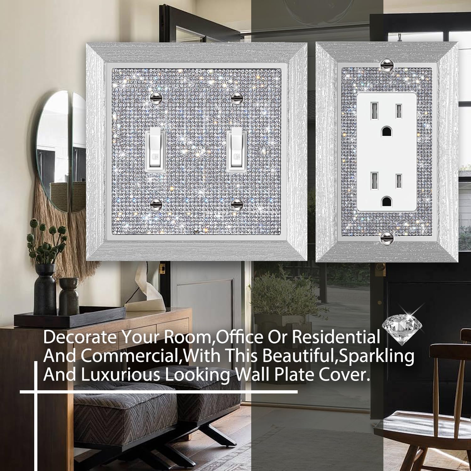 1 Pcs Double Gang Toggle Switch Wall Plate with Shiny Rhinestones and Imitation Wood Grain Design - Decorative Outlet Cover Plate for Light Switches by Gaocai