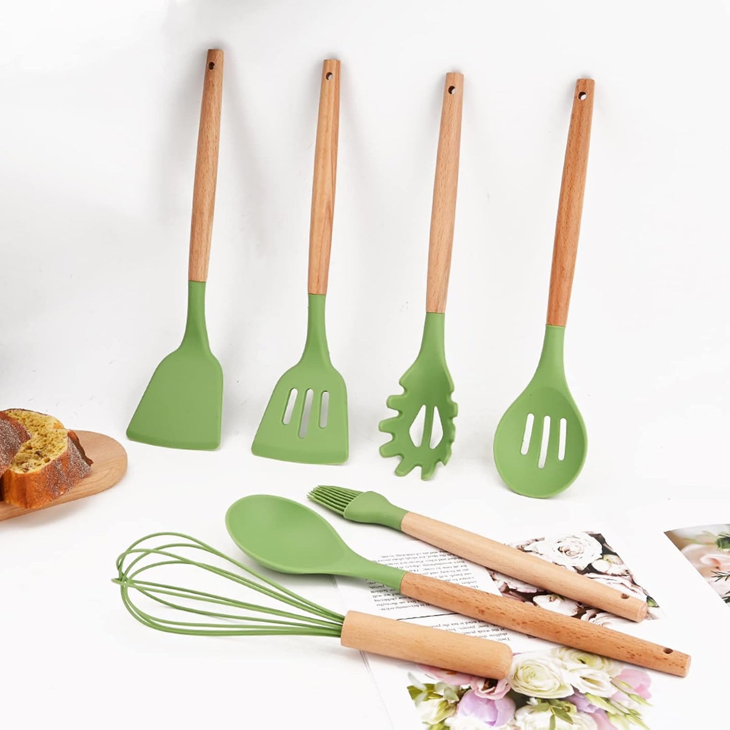 1 Piece Avocado Green Silicone Cooking Utensil Set with Wooden Handle - Heat Resistant Basting Brush for BBQ, Grill, Baking, Kitchen