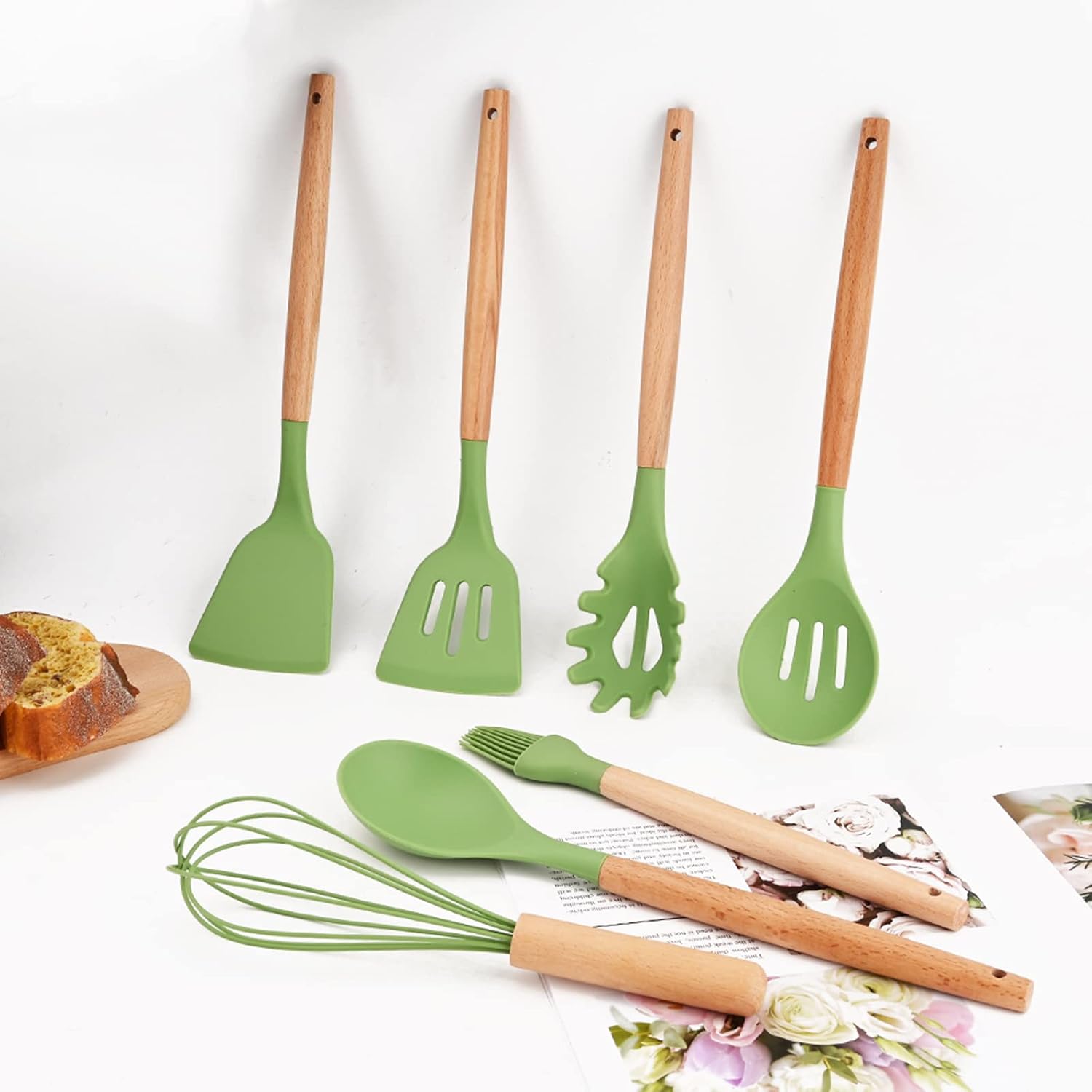 1 Piece Avocado Green Silicone Cooking Utensil Set with Wooden Handle - Heat Resistant Basting Brush for BBQ, Grill, Baking, Kitchen
