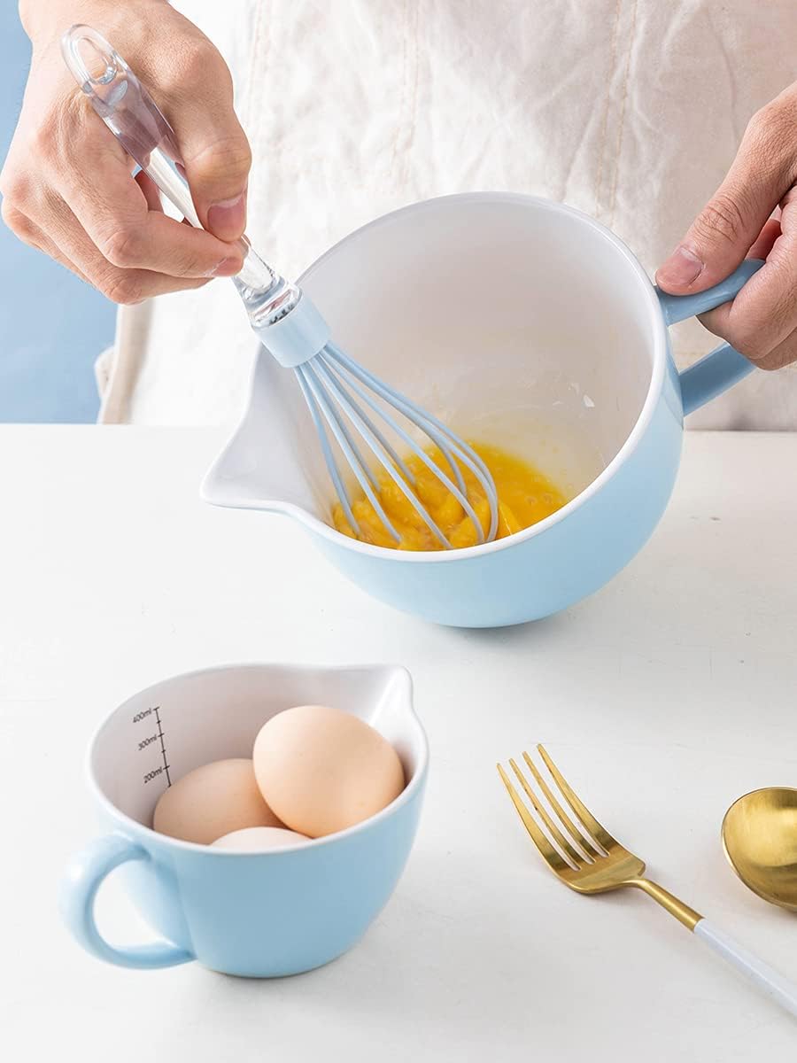 1 Quart Gaolinci Simple Solid Color Ceramic Mixing Bowl with Pouring Spout and Handle