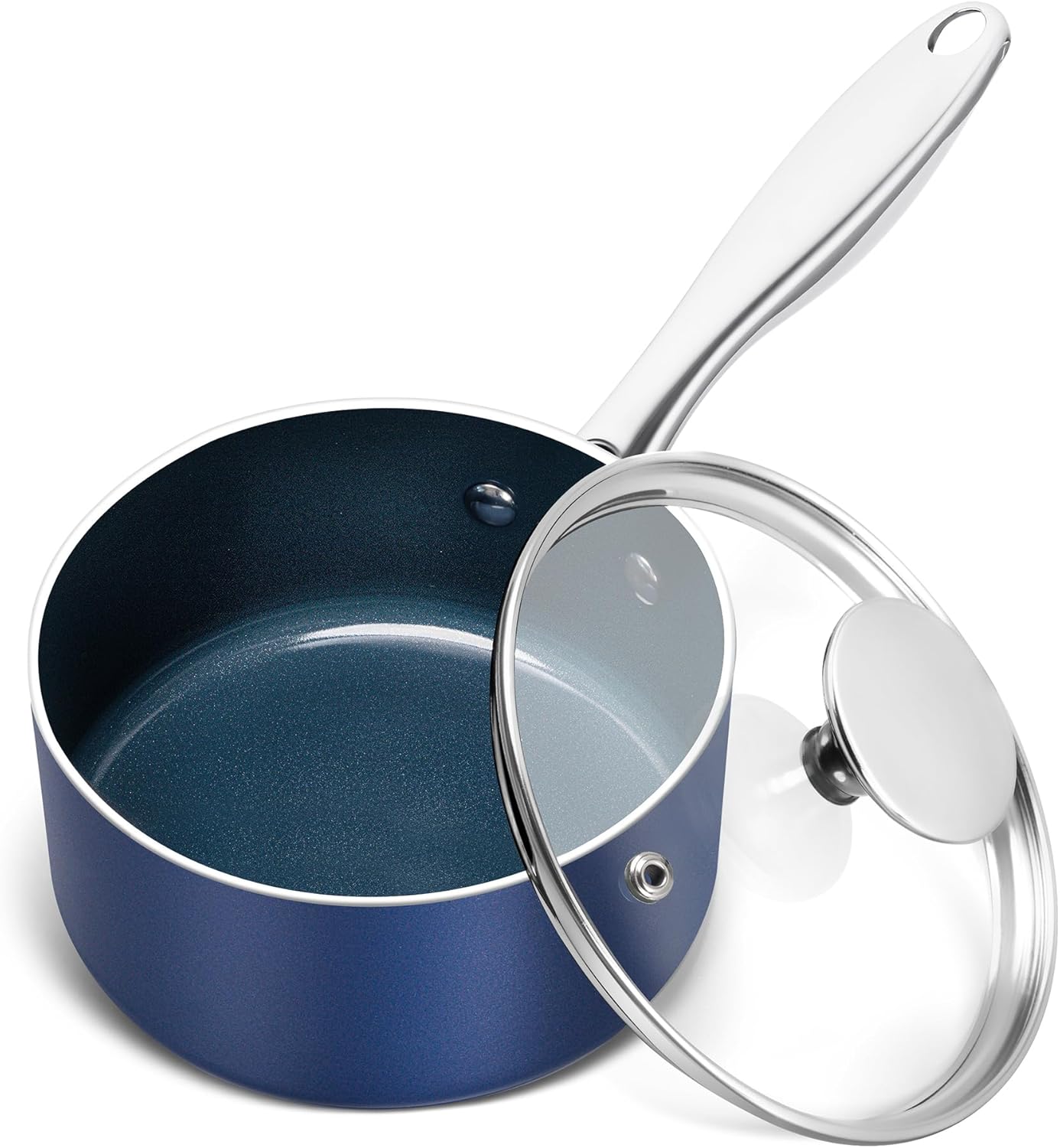 1 Quart Nonstick Ceramic Saucepan with Lid by MICHELANGELO - Oven Safe Blue Stainless Steel Handle