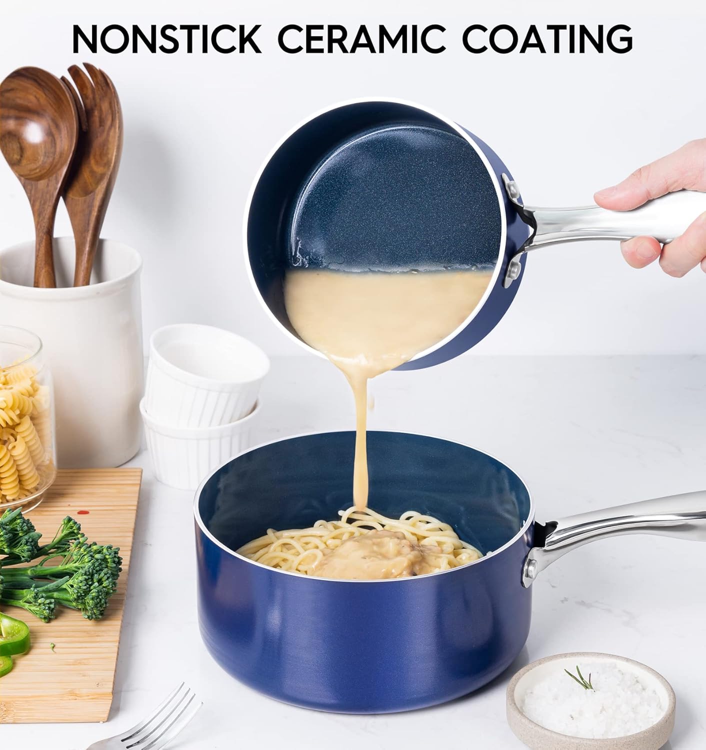1 Quart Nonstick Ceramic Saucepan with Lid by MICHELANGELO - Oven Safe Blue Stainless Steel Handle