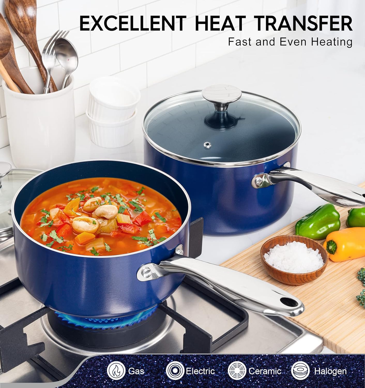 1 Quart Nonstick Ceramic Saucepan with Lid by MICHELANGELO - Oven Safe Blue Stainless Steel Handle