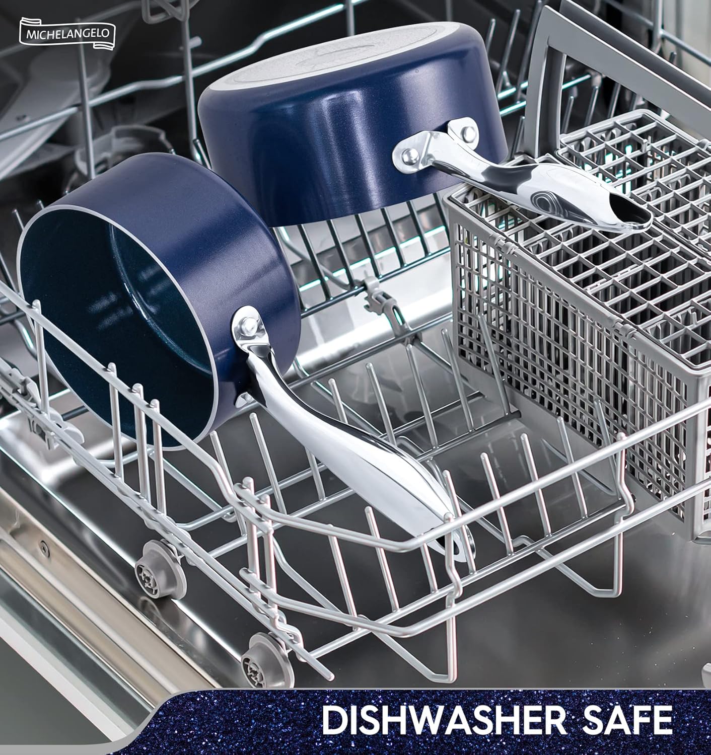 1 Quart Nonstick Ceramic Saucepan with Lid by MICHELANGELO - Oven Safe Blue Stainless Steel Handle