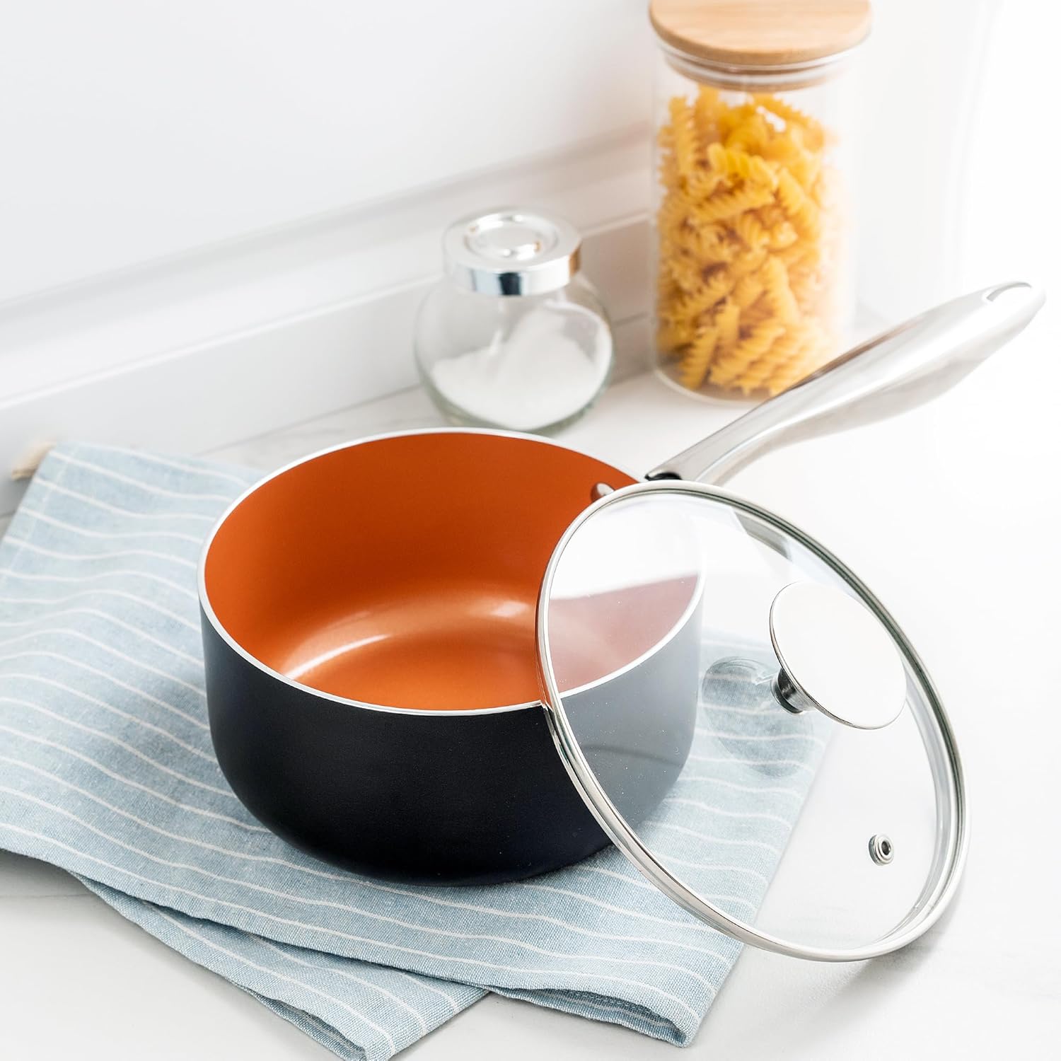 1 Quart Nonstick Ceramic Saucepan with Lid by Michelangelo - Copper Small Pot
