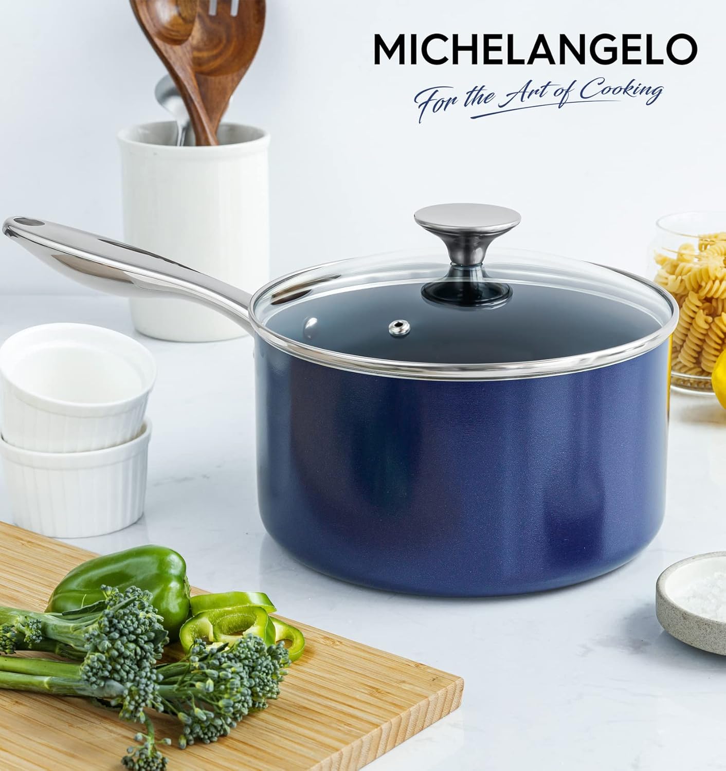 1 Quart Nonstick Ceramic Saucepan with Lid by MICHELANGELO - Oven Safe Blue Stainless Steel Handle