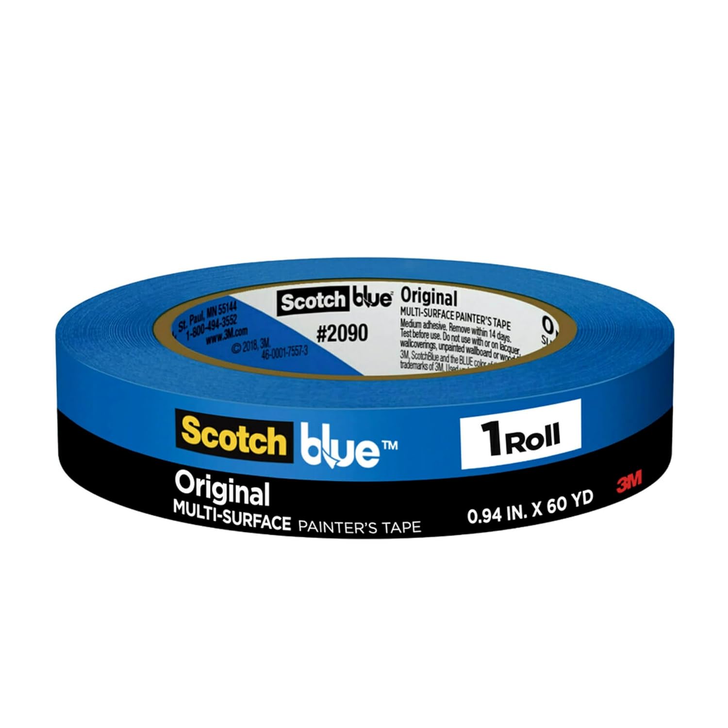 1 Roll of ScotchBlue Original Multi-Surface Painters Tape, 1 Inch Wide - Blue Masking Tape for Indoor and Outdoor Use - Easy to Remove & Protects Surfaces - 2090-24NC (0.94 In. x 60 Yds)