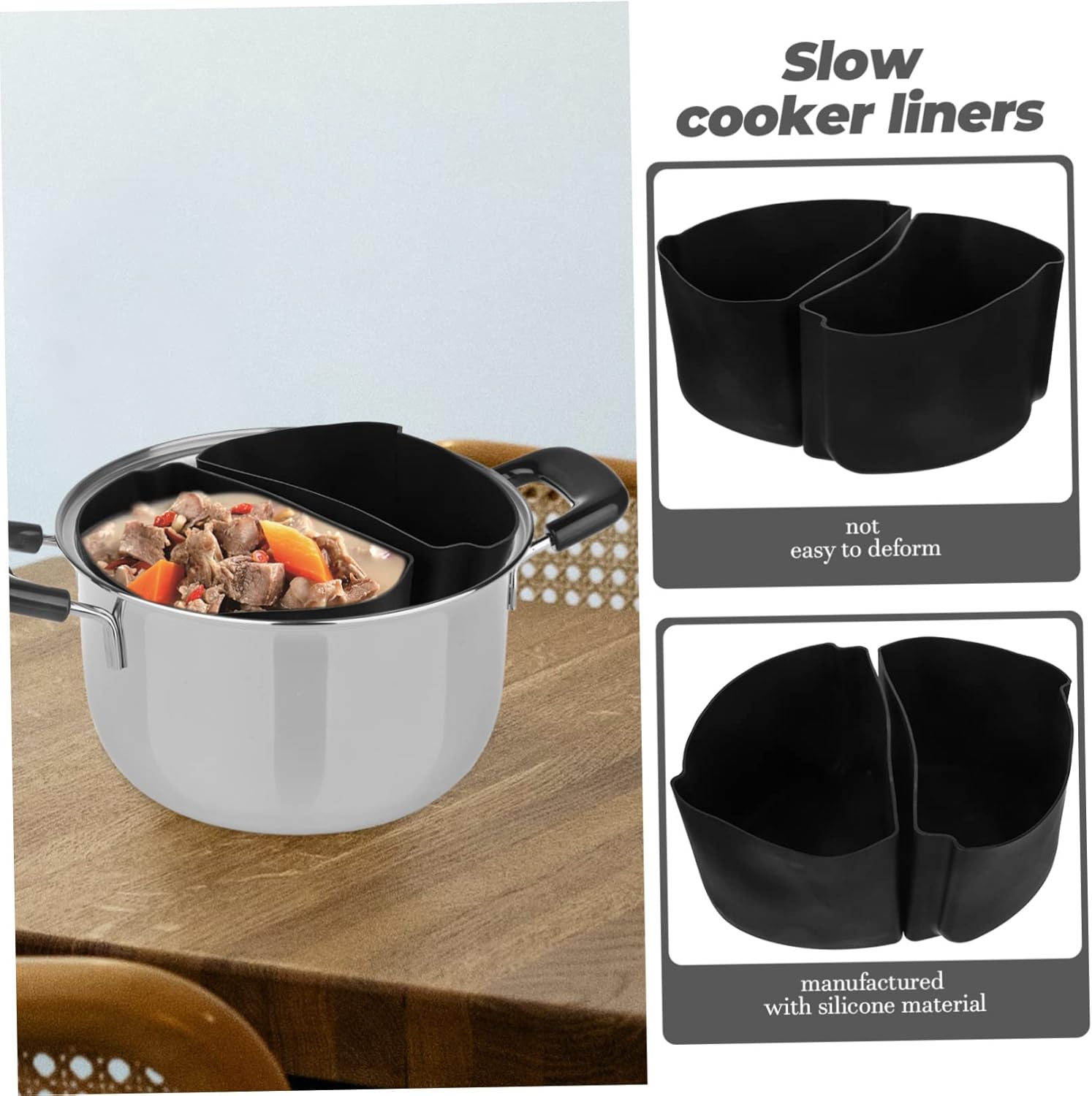 1 Set Silicone Lining Divided Cooker Insert for Slow Cooker - Reusable & Leakproof Cookware Divider - Black