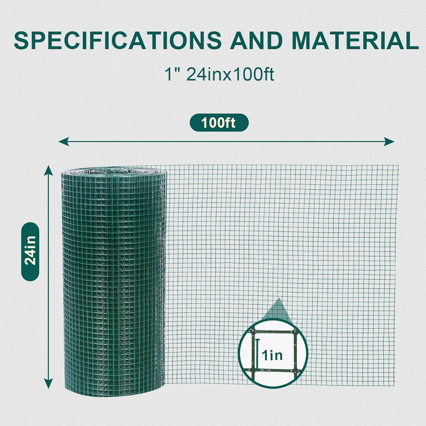 1' x 24in x 100ft Green PVC Coated Hardware Cloth Chicken Wire Mesh Fence for Garden, Snake/ Raccoon/ Fox Prevention & Poultry Netting