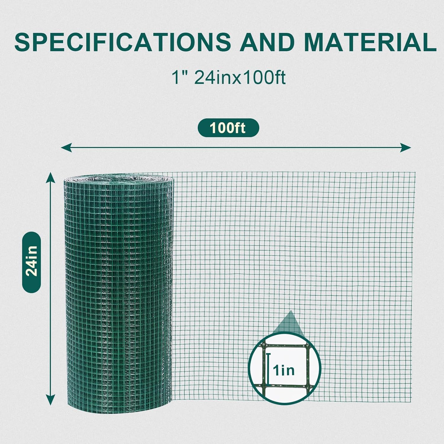 1' x 24in x 100ft Green PVC Coated Hardware Cloth Chicken Wire Mesh Fence for Garden, Snake/ Raccoon/ Fox Prevention & Poultry Netting