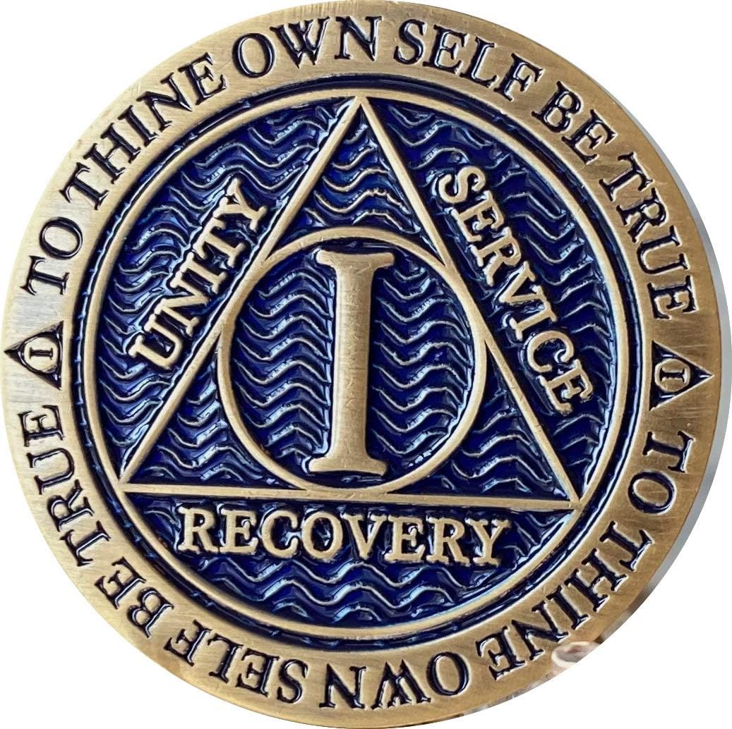1 Year AA Recovery Chip: Antique Blue Reflex Medallion - Bronze Alcoholics Anonymous Token