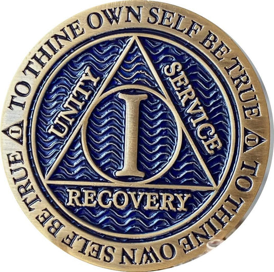1 Year AA Recovery Chip: Antique Blue Reflex Medallion - Bronze Alcoholics Anonymous Token
