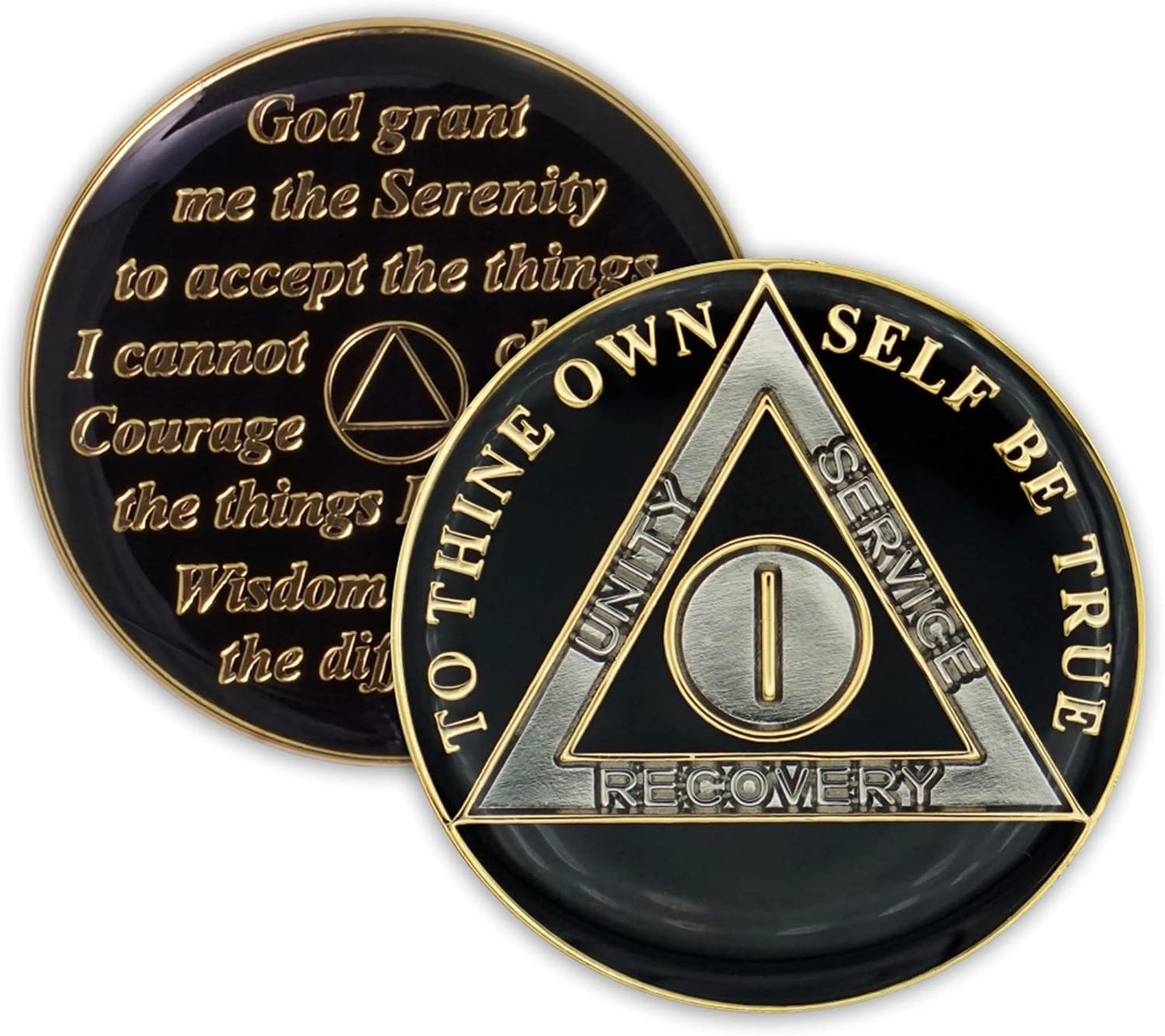 1 Year Sobriety Coin | Black Triplate AA Chip Recovery Token Anniversary