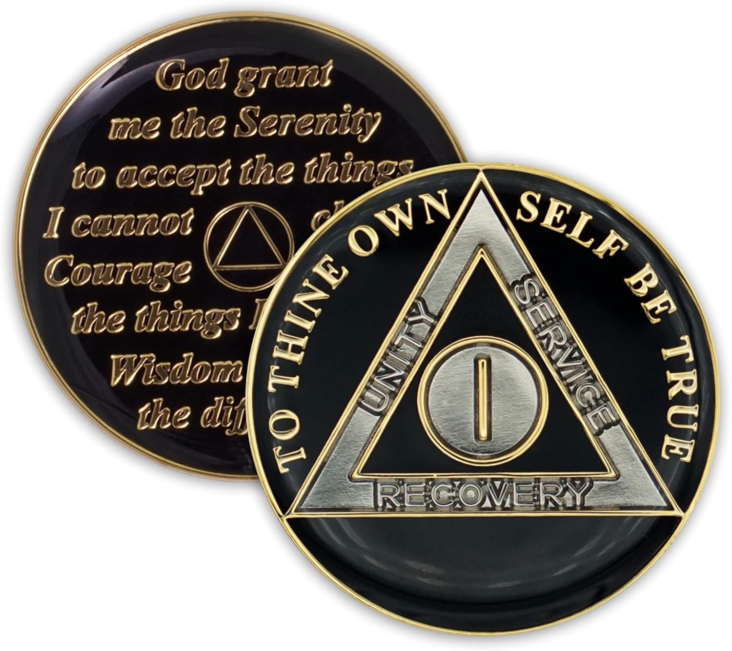 1 Year Sobriety Coin | Black Triplate AA Chip Recovery Token Anniversary