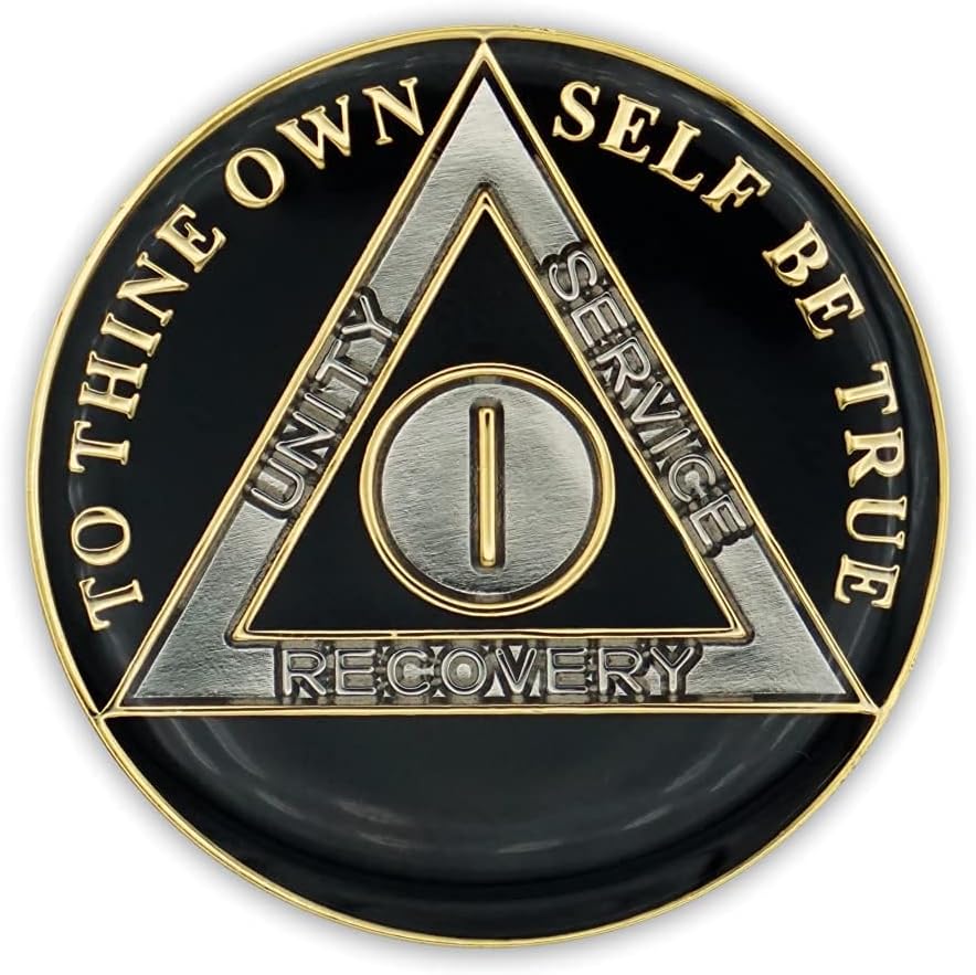 1 Year Sobriety Coin | Black Triplate AA Chip Recovery Token Anniversary
