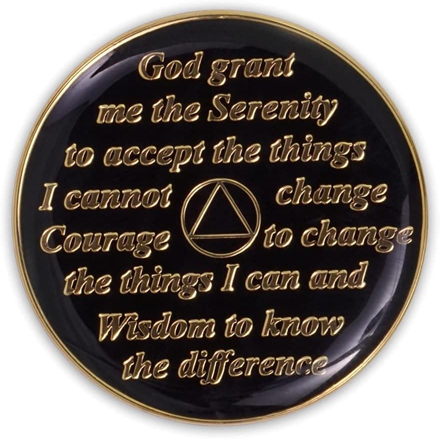 1 Year Sobriety Coin | Black Triplate AA Chip Recovery Token Anniversary