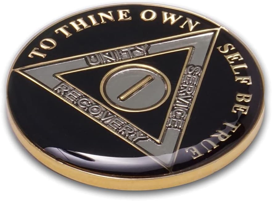 1 Year Sobriety Coin | Black Triplate AA Chip Recovery Token Anniversary