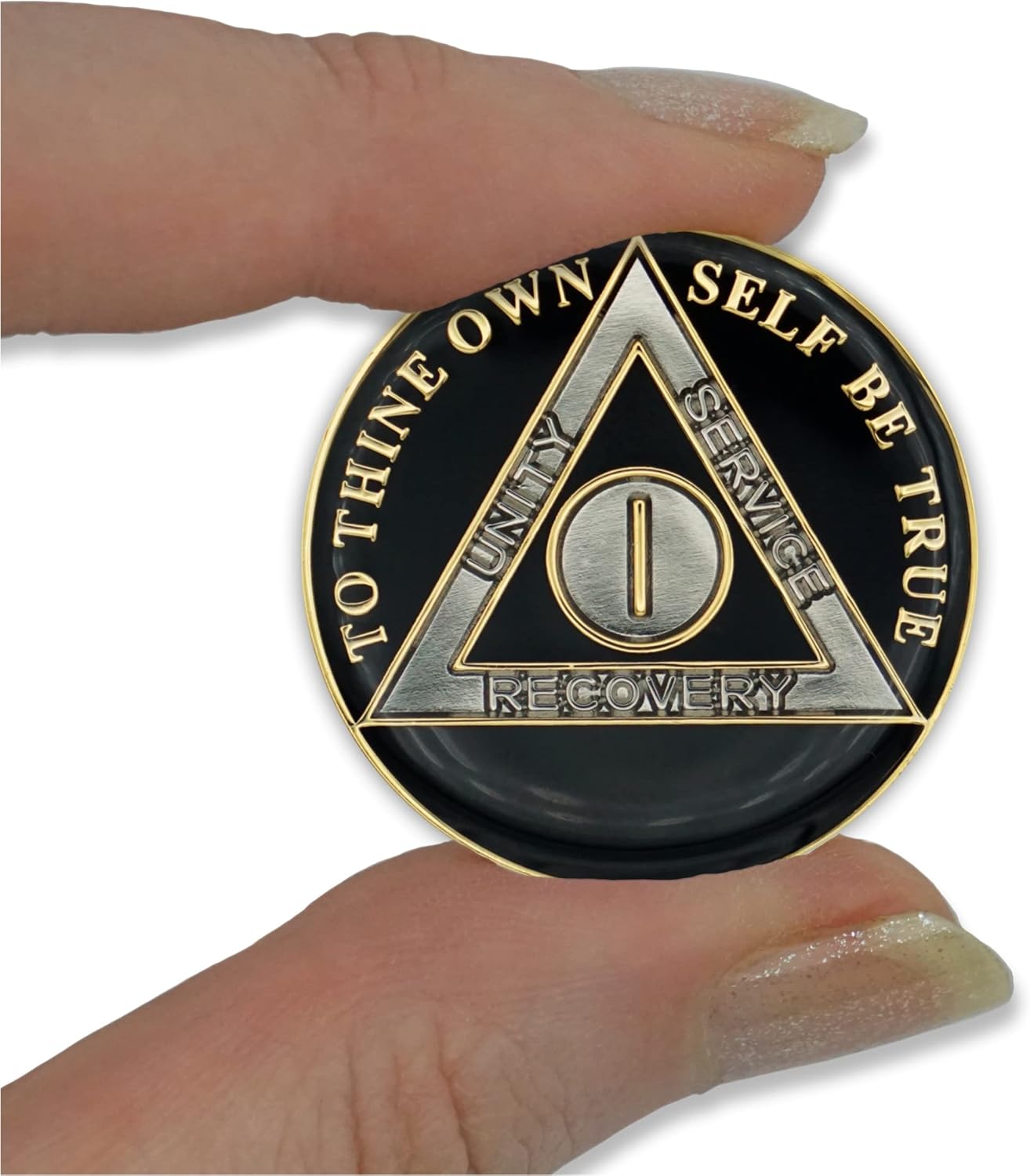 1 Year Sobriety Coin | Black Triplate AA Chip Recovery Token Anniversary
