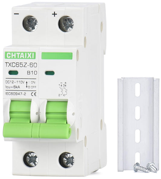 10 Amp 2 Pole DC Mini Circuit Breaker for Solar PV System and RV - Thermal Magnetic Trip, DIN Rail Mount - Chtaixi DC Disconnect Switch B10