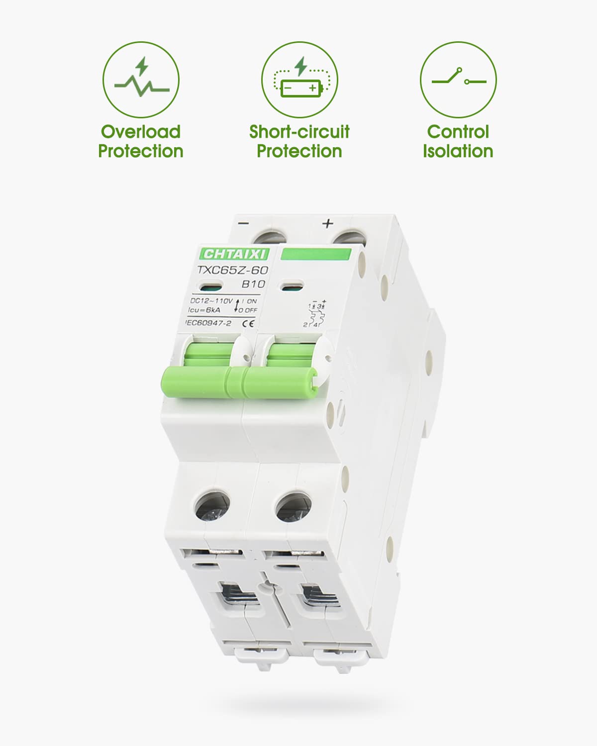 10 Amp 2 Pole DC Mini Circuit Breaker for Solar PV System and RV - Thermal Magnetic Trip, DIN Rail Mount - Chtaixi DC Disconnect Switch B10