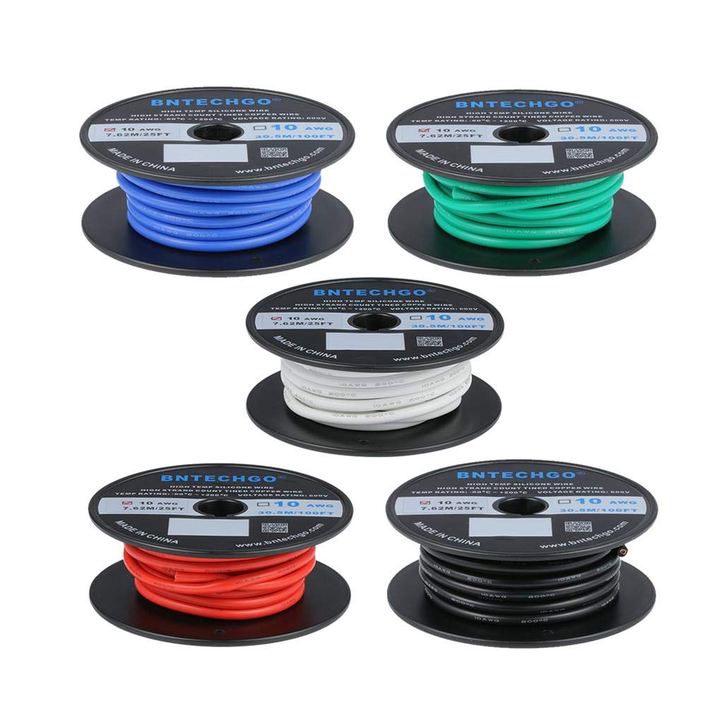10 AWG Silicone Wire Kit - 5 Colors, 25 ft Each - Flexible Stranded Tinned Copper Wire by BNTECHGO