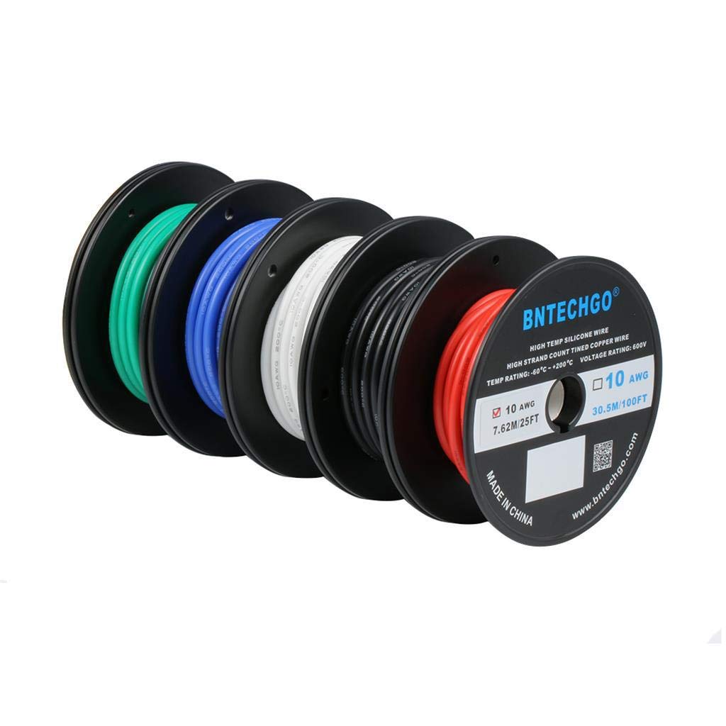 10 AWG Silicone Wire Kit - 5 Colors, 25 ft Each - Flexible Stranded Tinned Copper Wire by BNTECHGO