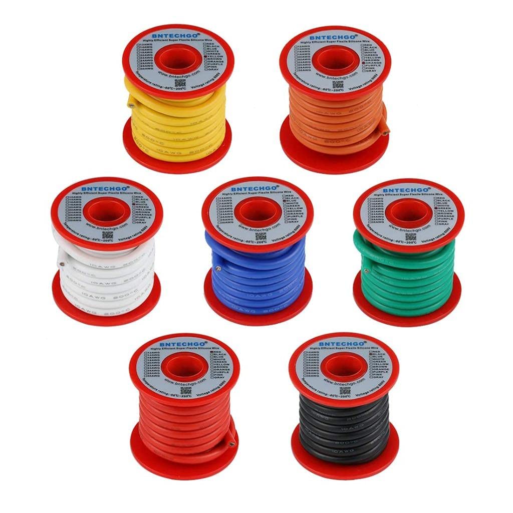 10 AWG Silicone Wire Kit - 70 ft Total, 7 Colors, Flexible Stranded Tinned Copper - BNTECHGO