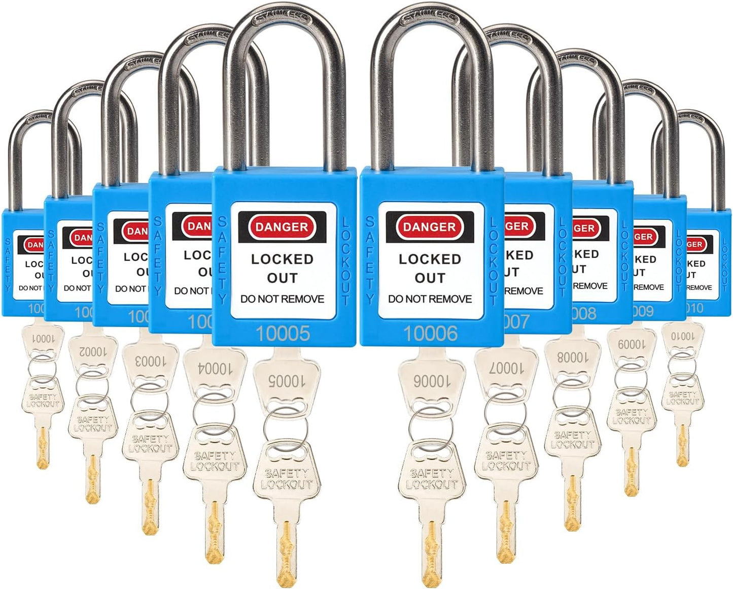 10 Blue Keyed Different Safety Padlocks for Lockout Tagout Kit - OSHA Compliant Locks with 2 Keys - WildKart