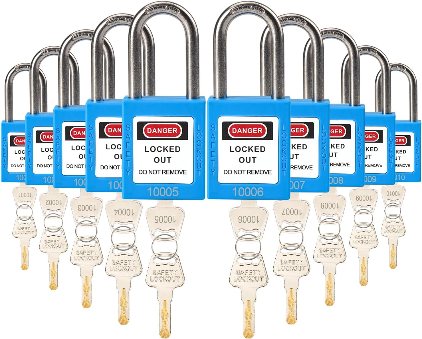 10 Blue Keyed Different Safety Padlocks for Lockout Tagout Kit - OSHA Compliant Locks with 2 Keys - WildKart