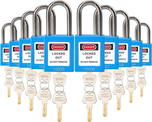 10 Blue Keyed Different Safety Padlocks for Lockout Tagout Kit - OSHA Compliant Locks with 2 Keys - WildKart