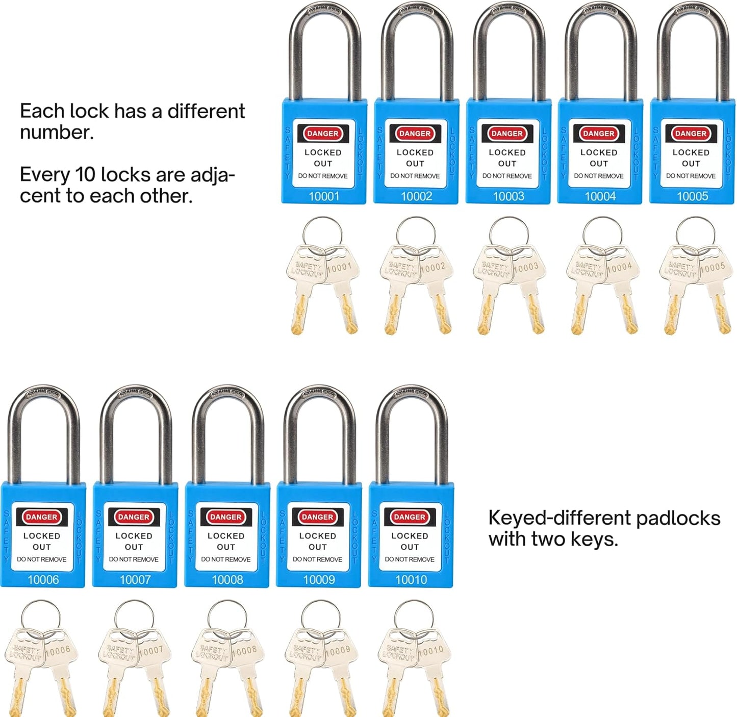 10 Blue Keyed Different Safety Padlocks for Lockout Tagout Kit - OSHA Compliant Locks with 2 Keys - WildKart