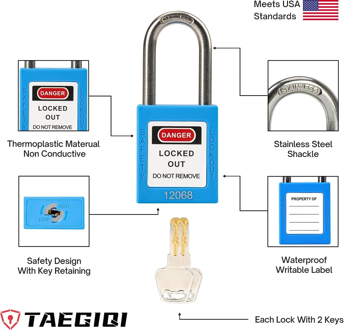 10 Blue Keyed Different Safety Padlocks for Lockout Tagout Kit - OSHA Compliant Locks with 2 Keys - WildKart