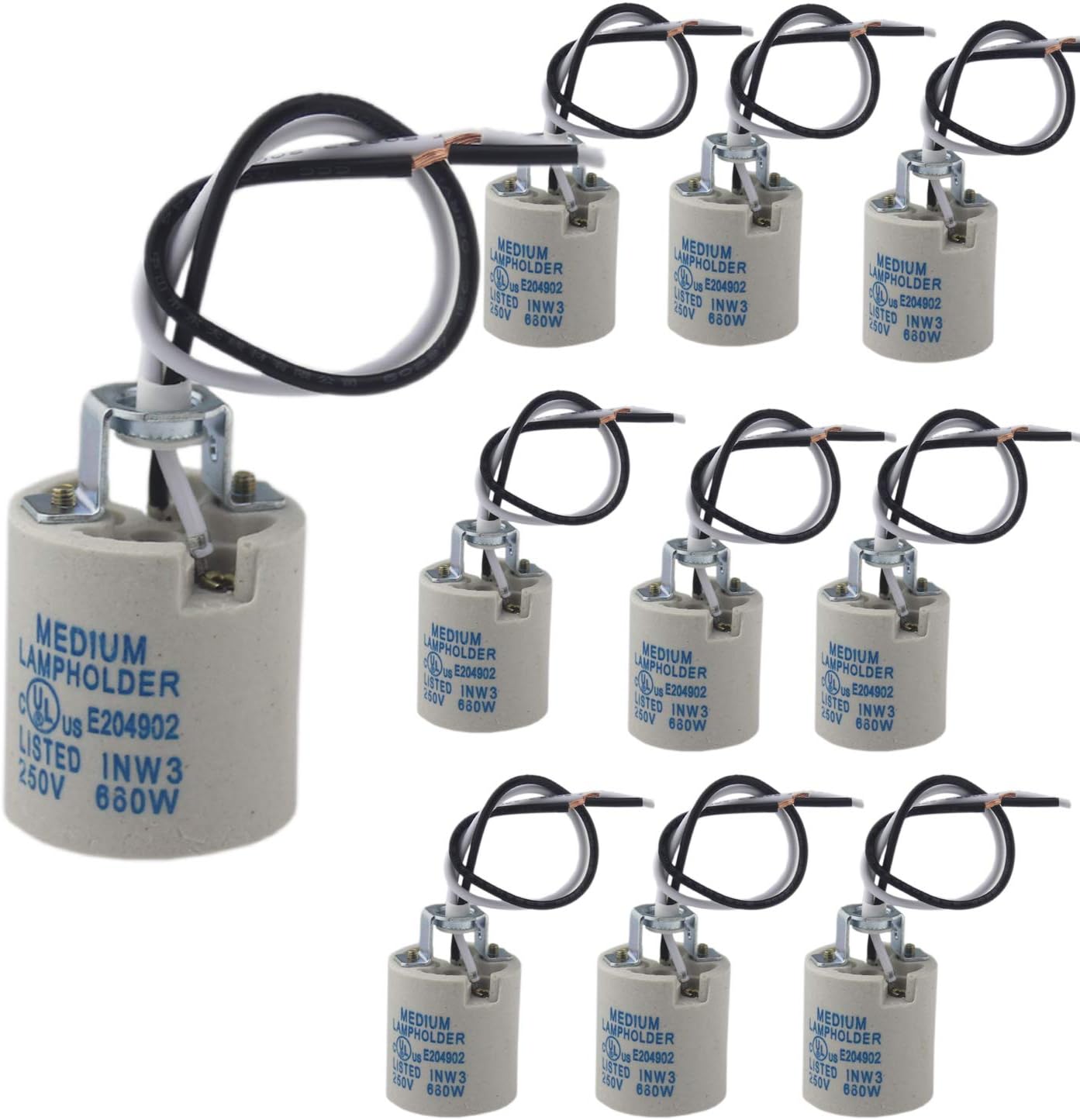 10 Ceramic E26 E27 Bulb Holders with Wire for Hot Halogen Bulbs - Pack of 10