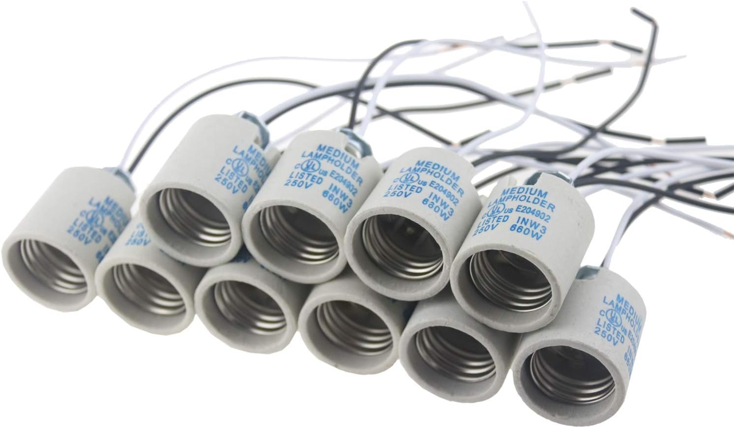10 Ceramic E26 E27 Bulb Holders with Wire for Hot Halogen Bulbs - Pack of 10