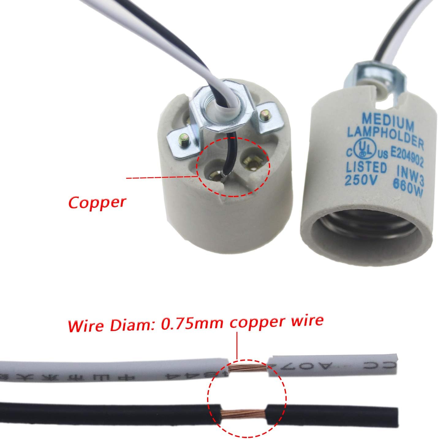 10 Ceramic E26 E27 Bulb Holders with Wire for Hot Halogen Bulbs - Pack of 10