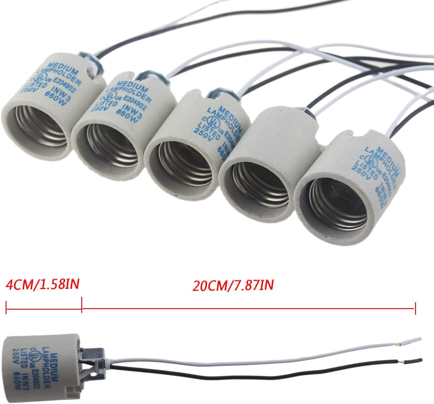10 Ceramic E26 E27 Bulb Holders with Wire for Hot Halogen Bulbs - Pack of 10