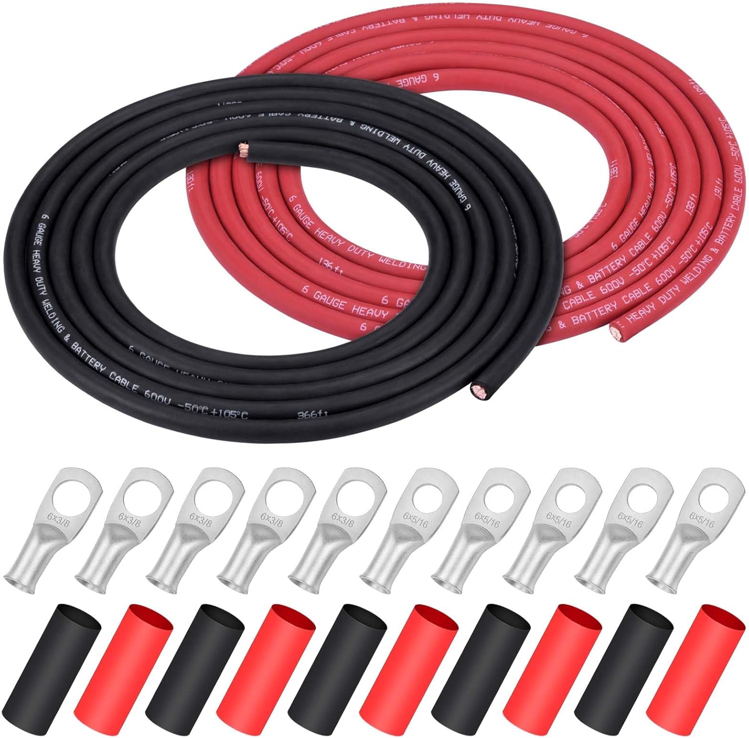 10 Feet Black + 10 Feet Red Ultra Flexible Welding Battery Cable Set with Copper Lug Terminal Connectors