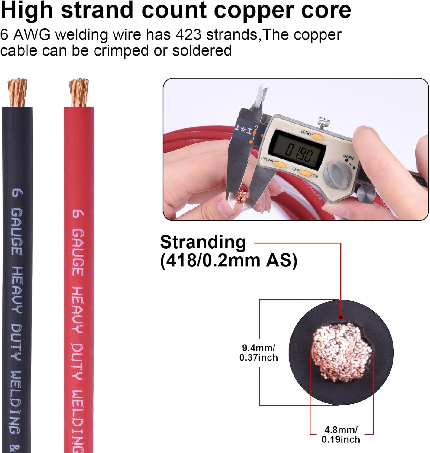 10 Feet Black + 10 Feet Red Ultra Flexible Welding Battery Cable Set with Copper Lug Terminal Connectors
