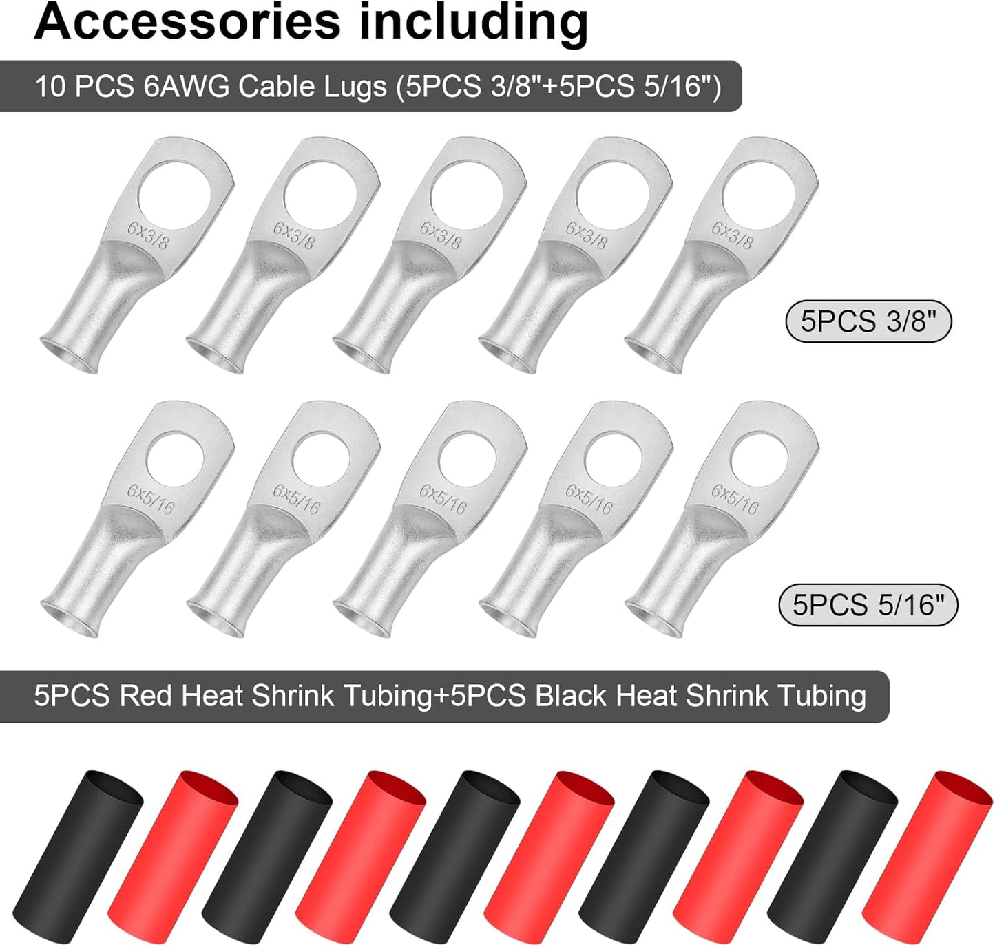 10 Feet Black + 10 Feet Red Ultra Flexible Welding Battery Cable Set with Copper Lug Terminal Connectors
