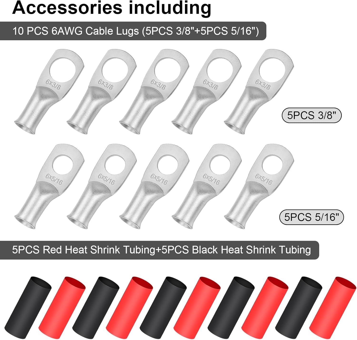 10 Feet Black + 10 Feet Red Ultra Flexible Welding Battery Cable Set with Copper Lug Terminal Connectors