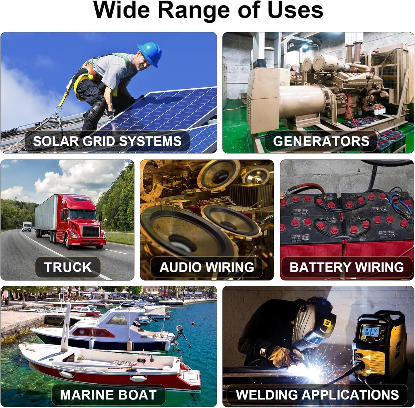 10 Feet Black + 10 Feet Red Ultra Flexible Welding Battery Cable Set with Copper Lug Terminal Connectors