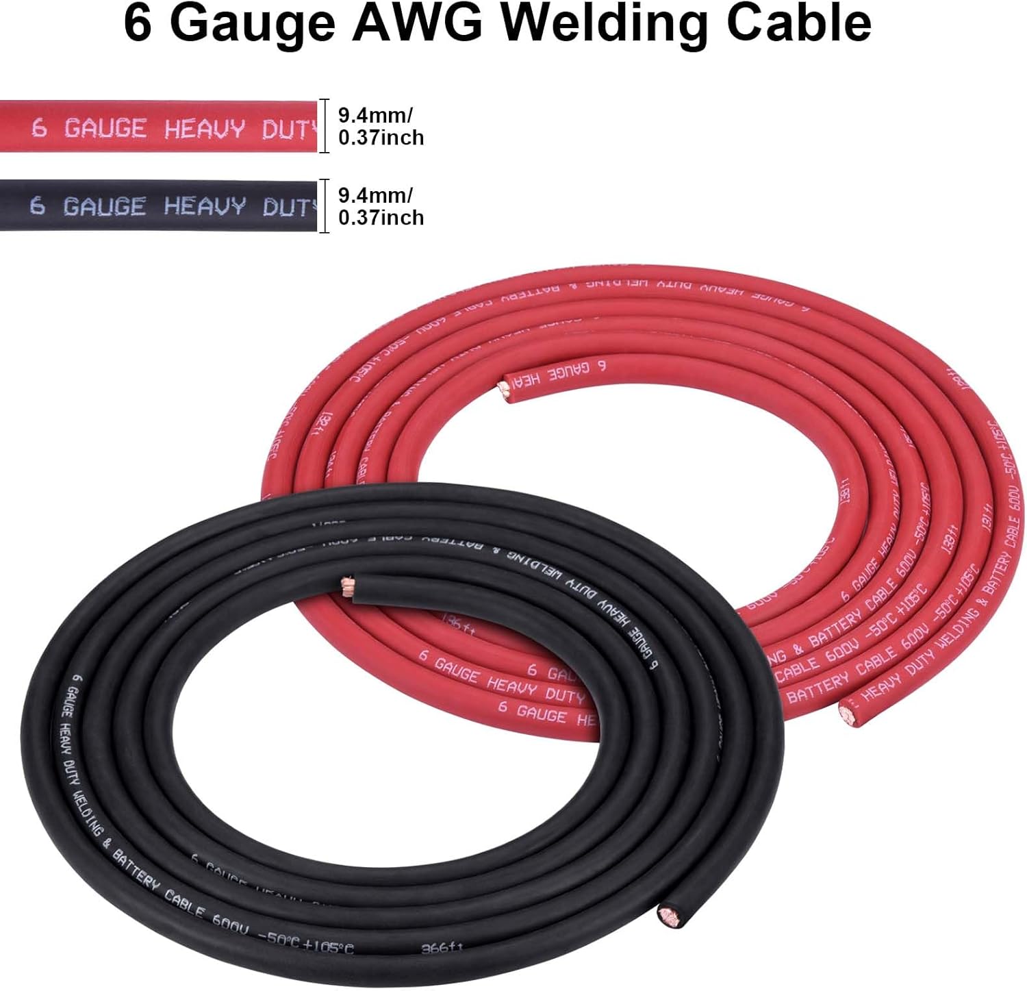 10 Feet Black + 10 Feet Red Ultra Flexible Welding Battery Cable Set with Copper Lug Terminal Connectors