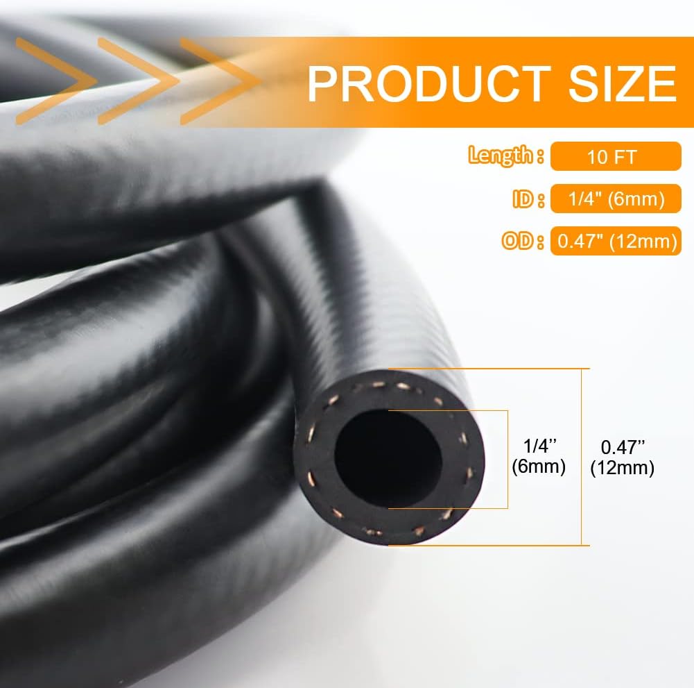 10 Feet LSGCQ Fuel Line Hose, 1/4 Inch ID NBR Rubber Fuel Line for Small Engines - 4AN Push-On