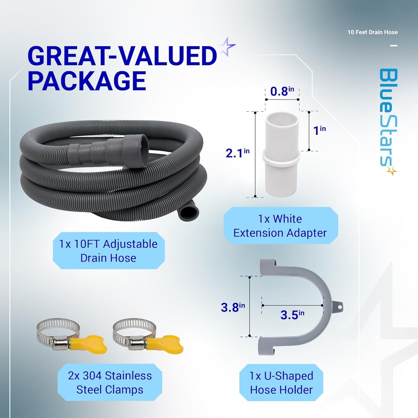 10 Feet Universal Flexible Corrugated Drain Hose Extension Kit for Dishwasher & Washing Machine - Includes Extension Adapter, Clamps, U-Bend Holder