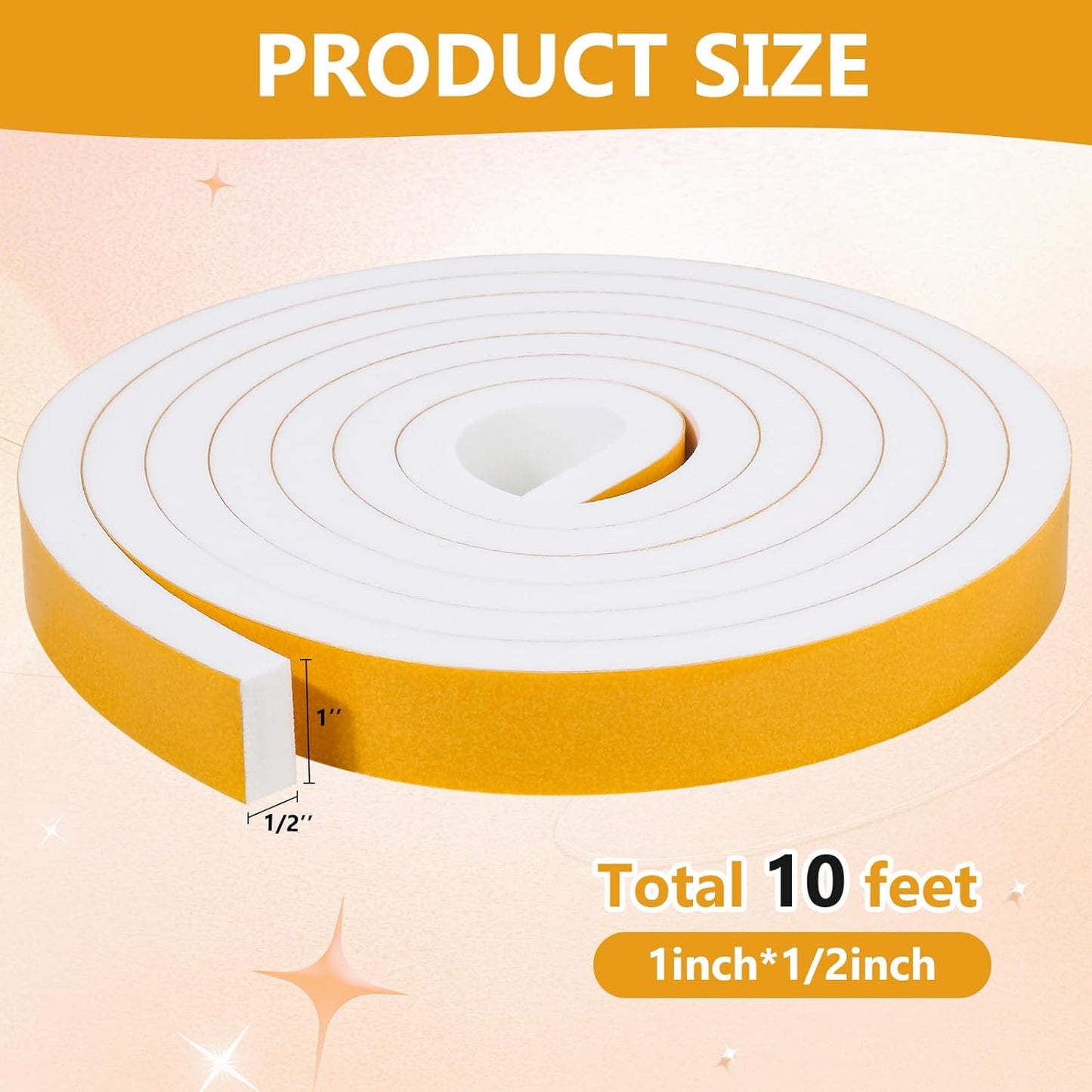 10 Feet Weather Stripping Seal for Door Window - High Density Foam Tape for Soundproofing and Insulation - White, 1" X 1/2