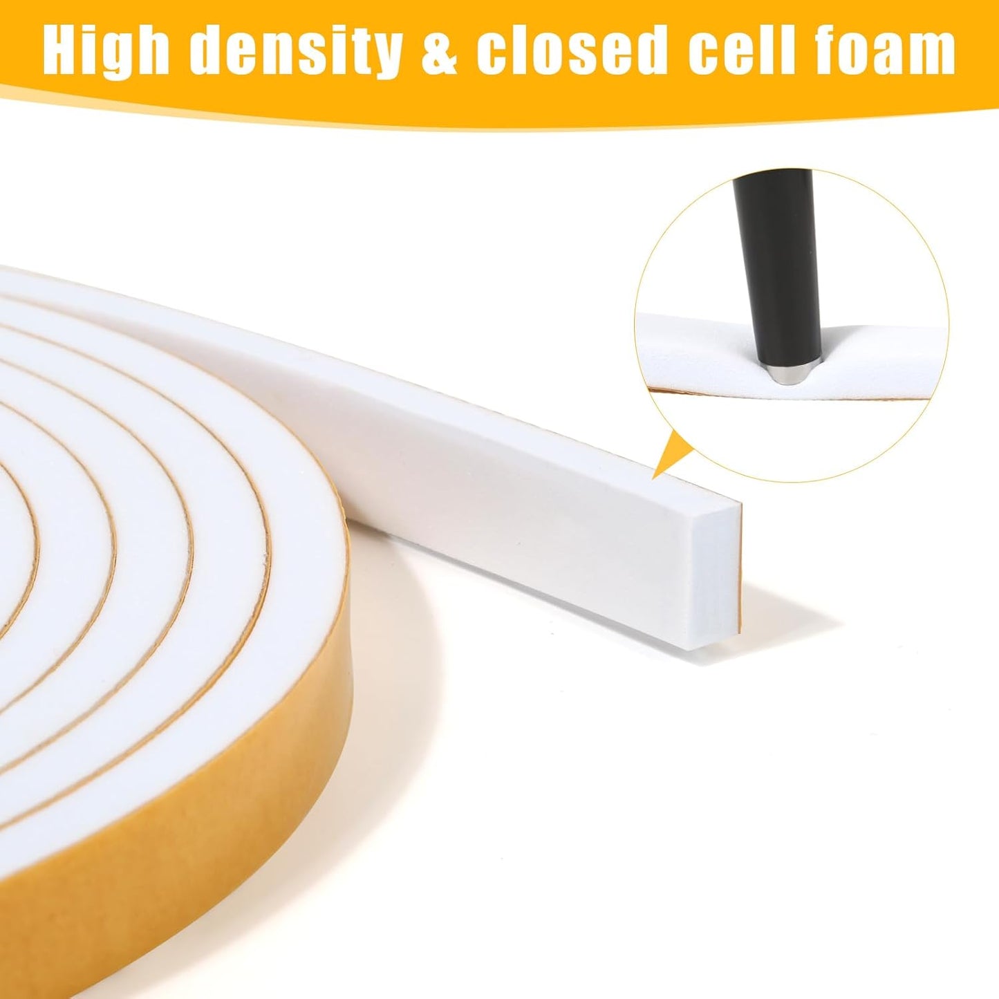 10 Feet Weather Stripping Seal for Door Window - High Density Foam Tape for Soundproofing and Insulation - White, 1" X 1/2