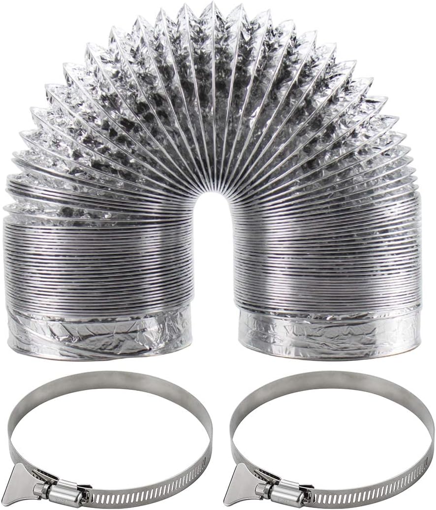 10 Foot Flexible Dryer Vent Hose Kit with Stainless Steel Clamps - 4 Inch Diameter Aluminum Foil Non-Insulated - Universal Fit Silver Color
