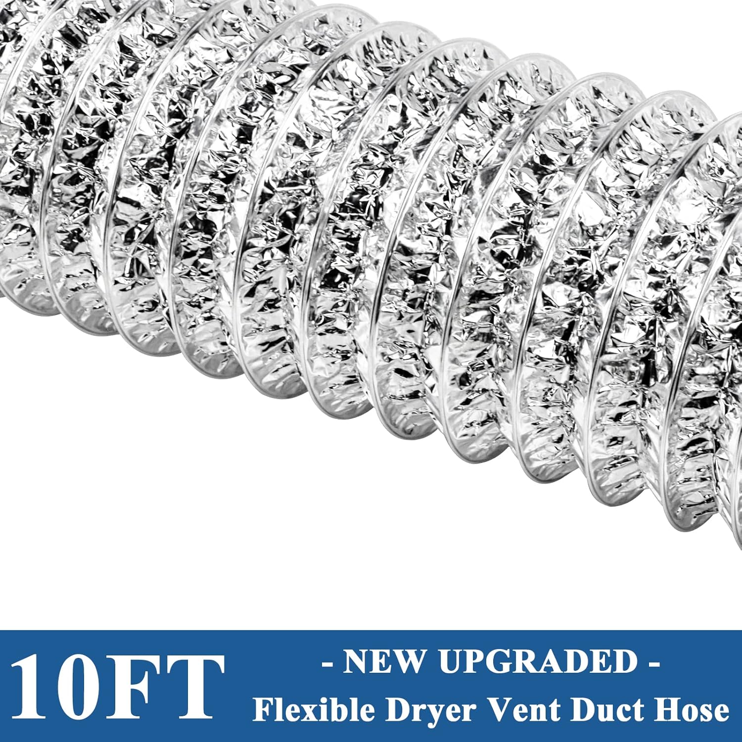 10 Foot Flexible Dryer Vent Hose Kit with Stainless Steel Clamps - 4 Inch Diameter Aluminum Foil Non-Insulated - Universal Fit Silver Color