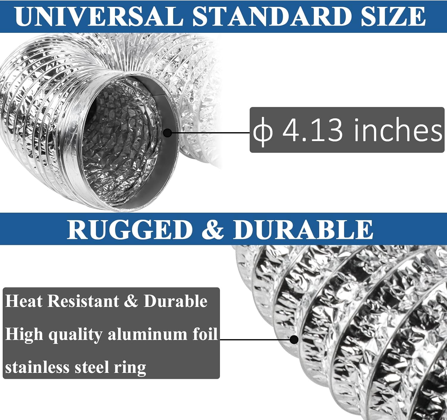 10 Foot Flexible Dryer Vent Hose Kit with Stainless Steel Clamps - 4 Inch Diameter Aluminum Foil Non-Insulated - Universal Fit Silver Color